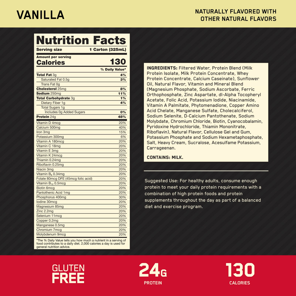 Optimum Nutrition, протеиновый коктейль Gold Standard, со вкусом ванили, 4 упаковки по 325 мл (11 жидк. унций)