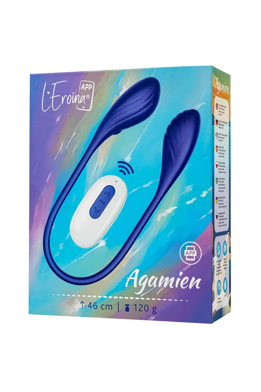 Синий двусторонний вибратор Agamien с управлением через приложение - 46 см.