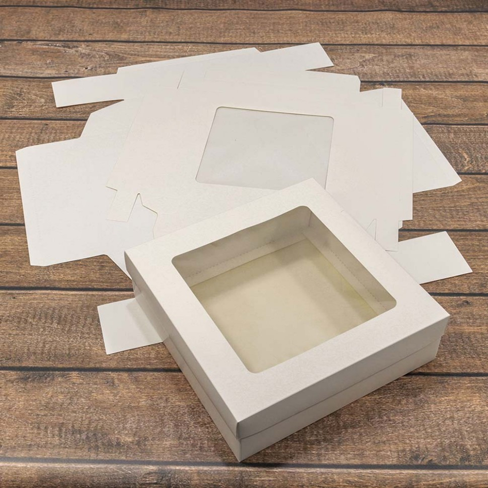 Коробка Для конфет сборная 22.5х22.5х7 см с окошком (Белый, Крафт)