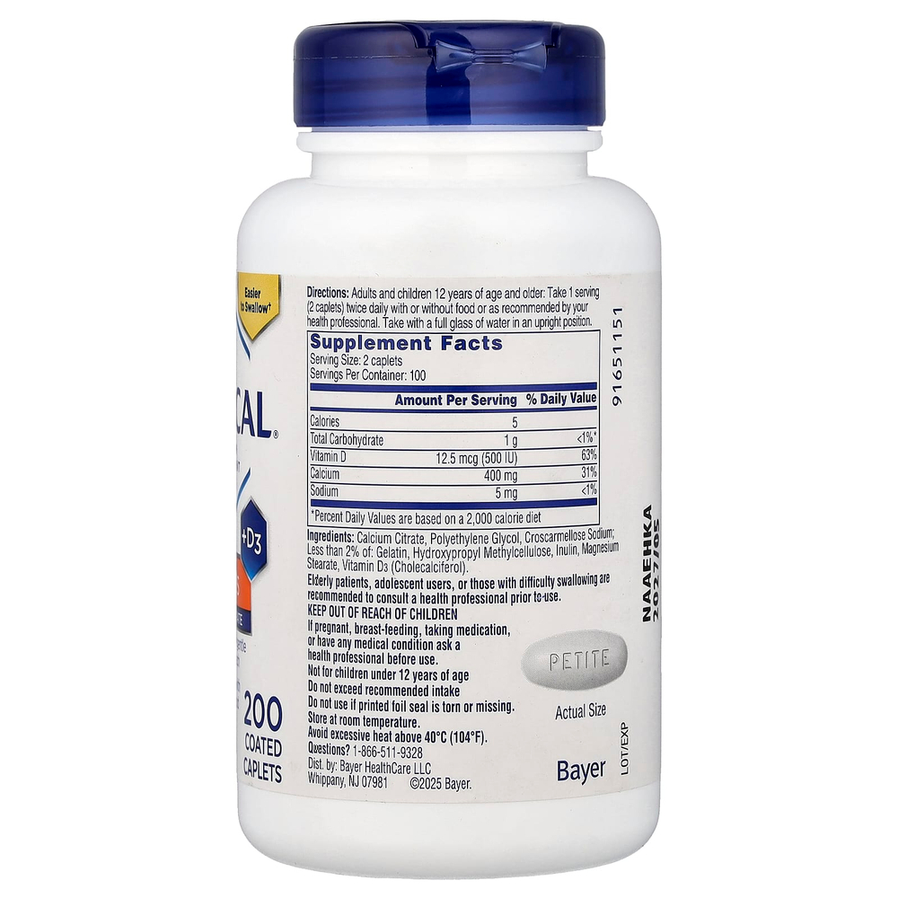 Citracal, Кальциевая добавка + D3, маленькие таблетки, 200 капсуловидных таблеток в оболочке