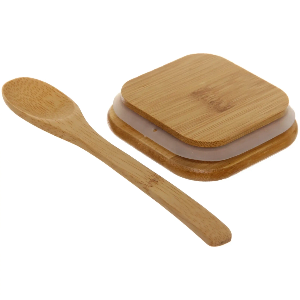 Банка для продуктов стеклянная 850мл «Хай-Тек» с бамбуковой крышкой и ложкой, квадратная 8*20см