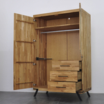 Шкаф для одежды из массива дуба Флеверс с зеркалом, 2 двери, 3 ящика, на металлических ножках