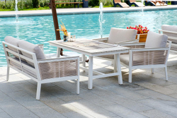 "Сан Ремо" диван 2-местный плетеный из роупа, каркас алюминий белый, роуп бежевый, ткань бежевая