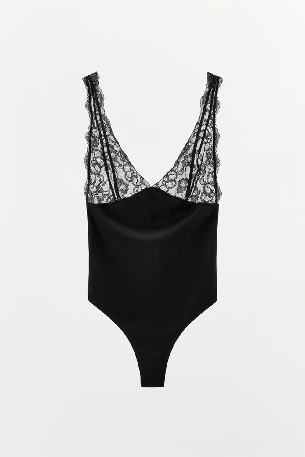 ZARA БОДИ ИЗ ПОЛИАМИДА С КРУЖЕВОМ, ЧЕРНЫЙ