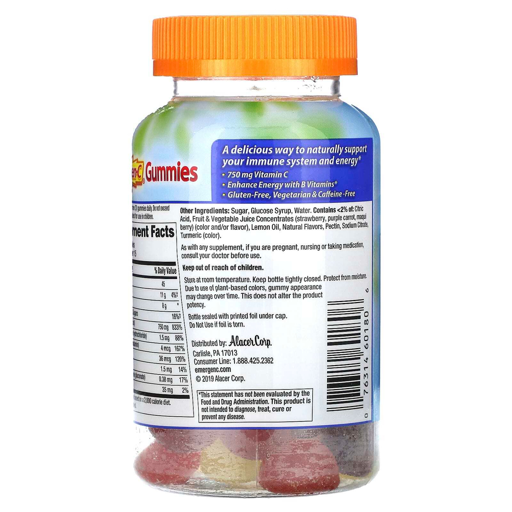 Emergen-C, Жевательные таблетки для поддержки иммунитета, клубника, лимон и голубика, 45 жевательных таблеток