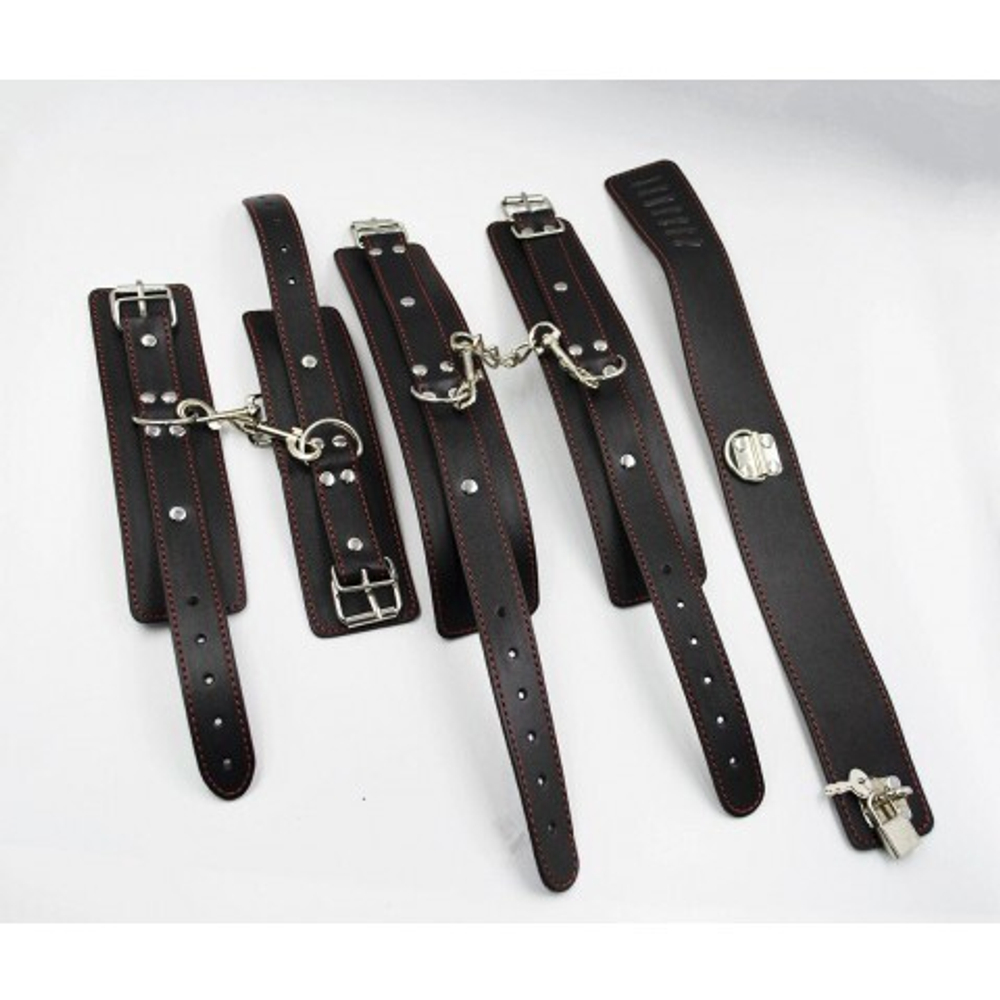 Фетиш набор "Desire" черный (наручники, оковы для ног, ошейник, маска, кляп, бондаж, стек)