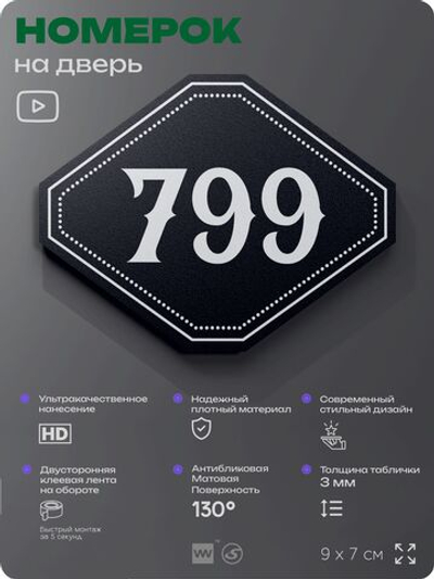 Номерок на дверь квартиры 799, для кабинета, офиса, шильдик 9 х 7 см, черный, Айдентика Технолоджи