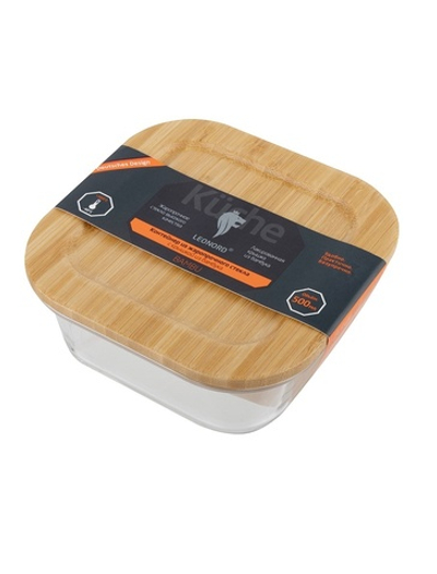 Контейнер BAMBU, объем: 500 мл, из жаропрочного стекла с крышкой из бамбука, квадратный. 106021-SK