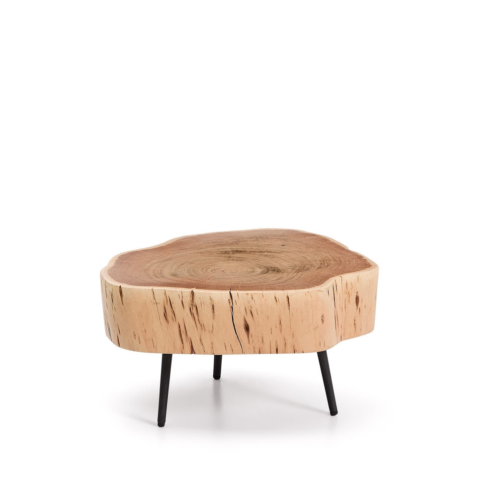 Журнальный столик Tavine из массива акации с выбеленной отделкой и черными стальными ножками Ø49 см