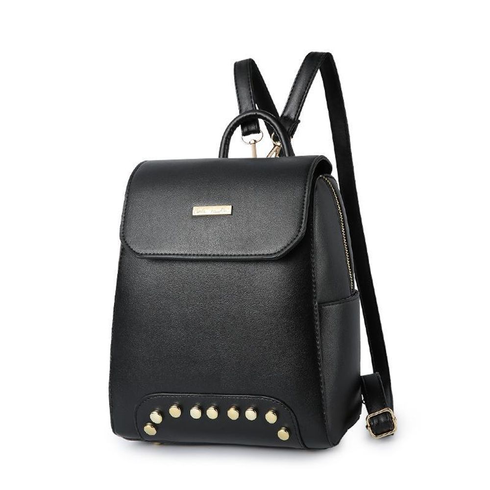 Средний стильный женский повседневный рюкзак с клёпками 22х25х12 см чёрного цвета из экокожи 2576-1