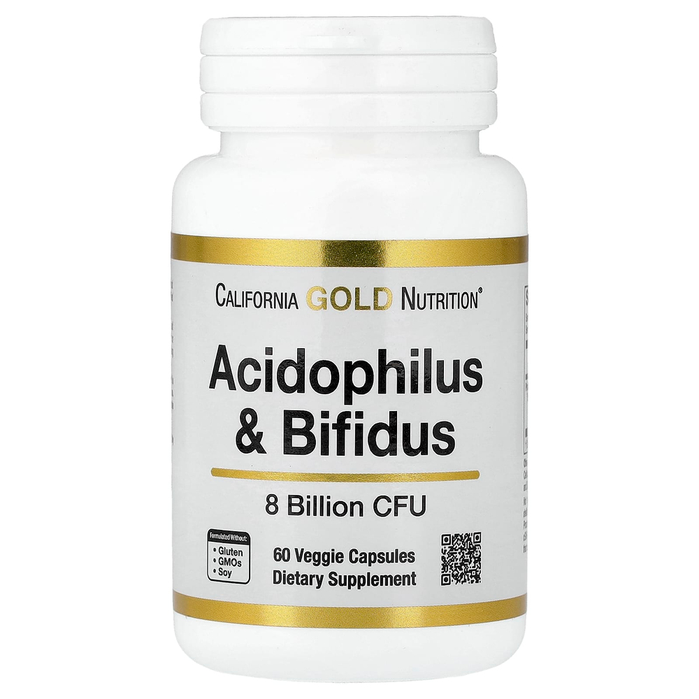 California Gold Nutrition, добавка с ацидофильными лактобактериями и бифидобактерями, смесь пробиотиков с ацидофильными лактобактериями, бифидобактериями лактис и бифидобактериями лонгум, 60 вегетарианских капсул