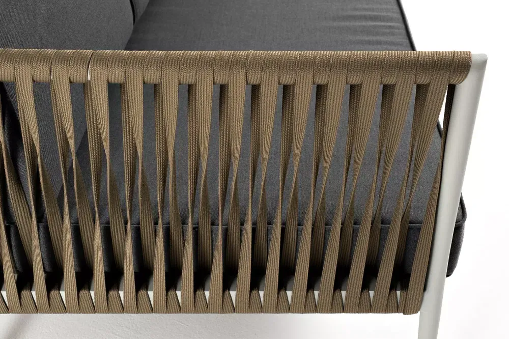 "Касабланка" диван 3-местный плетеный из роупа, каркас алюминий светло-серый (RAL7035) муар, роуп серо-коричневый 23мм, ткань серая 017