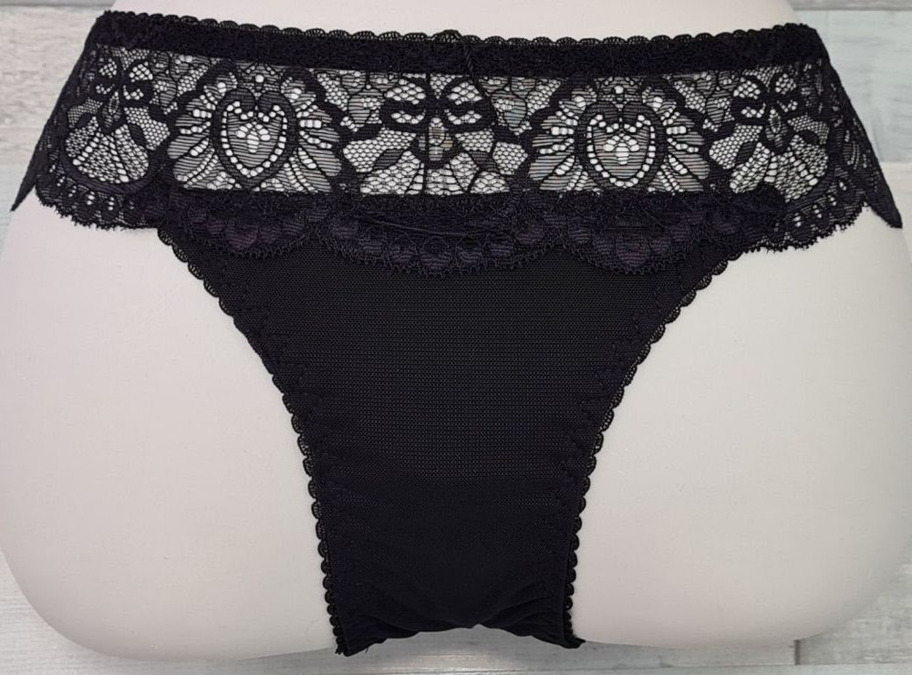 Женские трусики-бразилиана из эластичной сетки и кружева (Размер: S) (Цвет: черный)