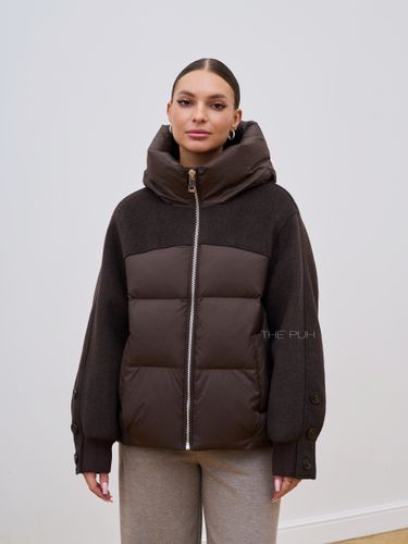 Комбинированный серый пуховик с капюшоном