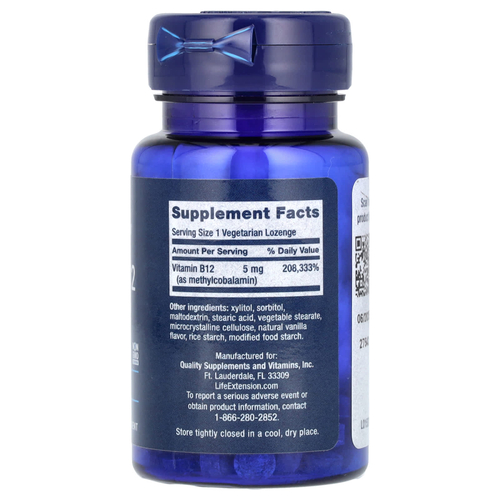 Life Extension, витамин B12, метилкобаламин, 5 мг, 60 вегетарианских пастилок