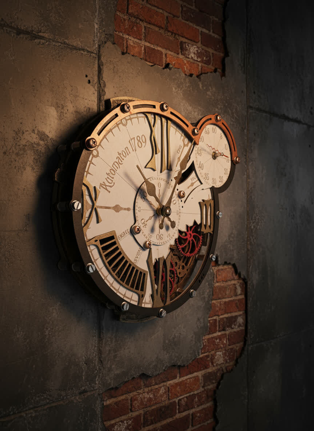 Настенные часы WOODandROOT Automaton 1789 Hermitage в индустриальном интерьере с кирпичными вставками и тёплым светом