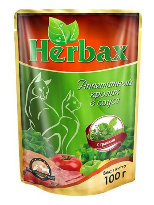 Влажный кром Herbax для взрослых кошек, аппетитный кролик в соусе с травами, 100 г