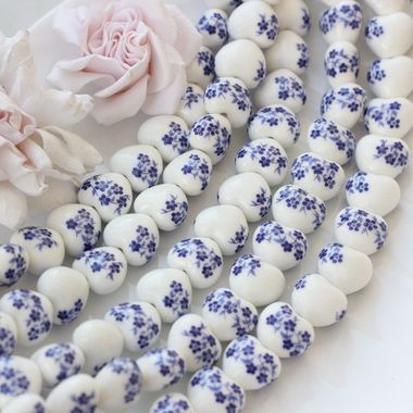 Бусина Сердце, керамика, белая с синей росписью, 17 мм, 1 шт, МК003