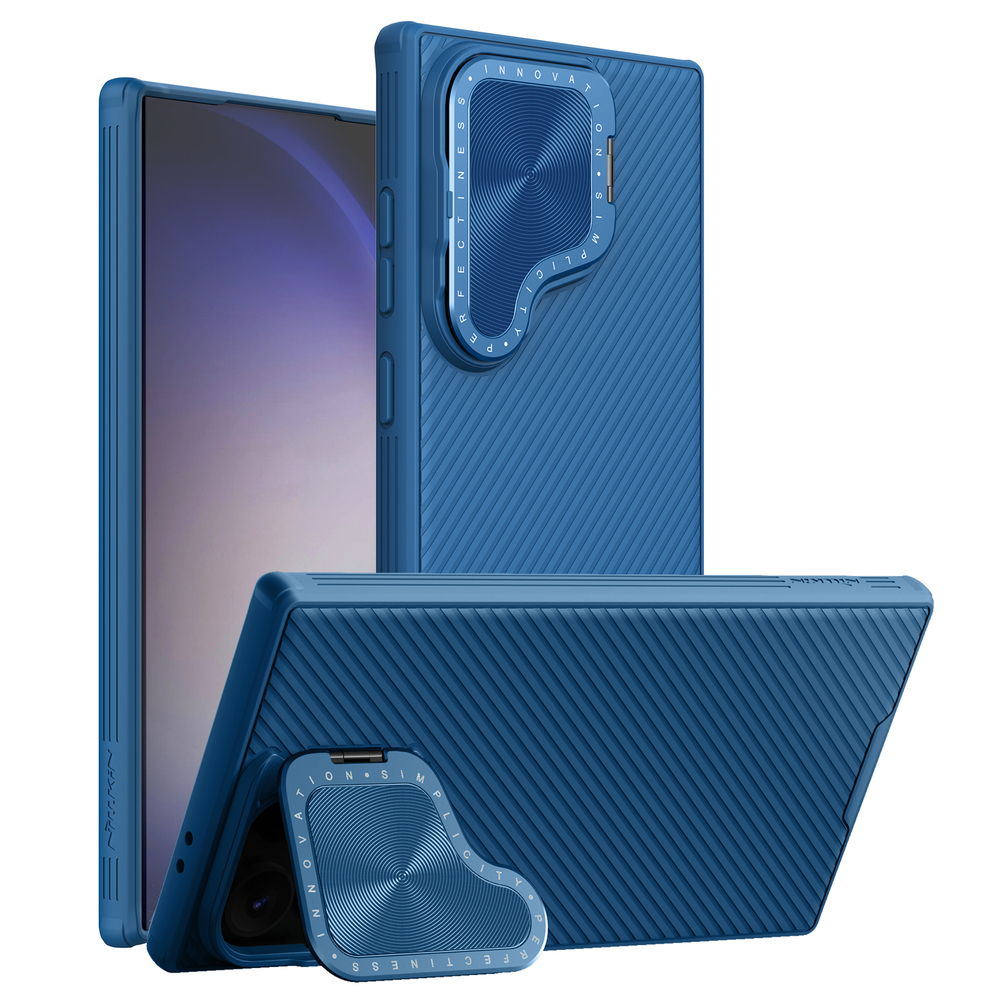 Чехол синего цвета от Nillkin с металлической откидной крышкой для камеры на Samsung Galaxy S24 Ultra, серия CamShield Prop Case