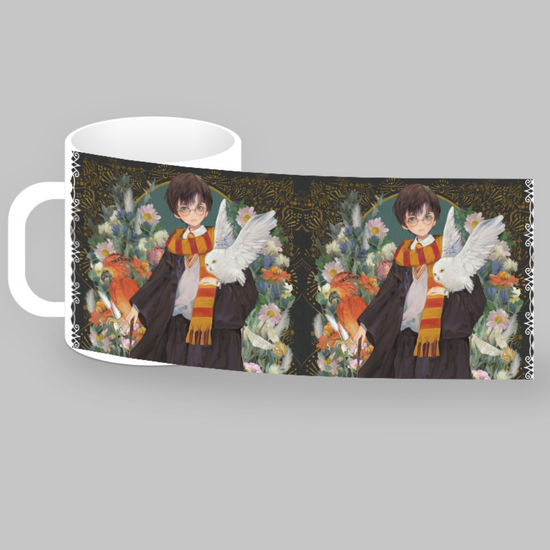 Кружка керамическая объем 330мл, Гарри Поттер Гарри и Букля в волшебном саду, (оранжевая с ободком)