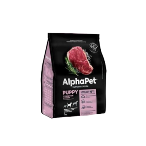 Корм для щенков и собак юниоров сухой AlphaPet Superpremium для животных средних пород, с говядиной и рисом, 7 кг