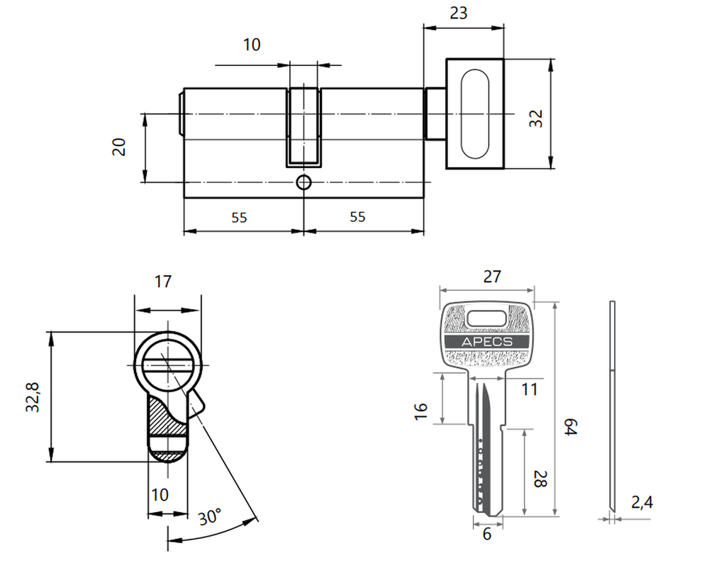 Цилиндровый механизм Apecs SM-110-С-NI