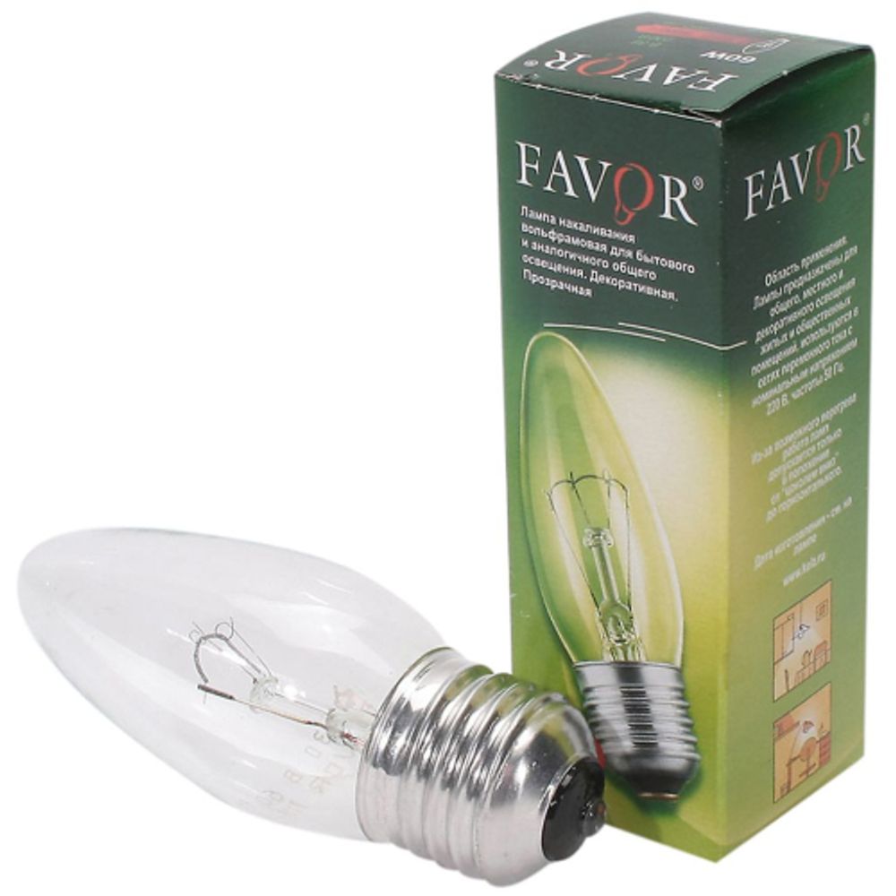 Лампа Favor ДС 230-60 Е27 60Вт 230В свеча прозрачная теплый свет | Favor