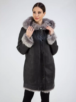 Дубленка зимняя с капюшоном натуральная оверсайз
