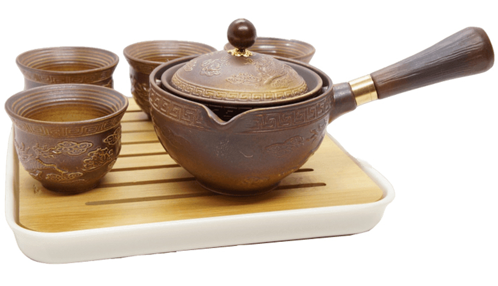 278159.4 Сервиз "Летучая гайвань" гайвань, 4 пиалы, чабань, в подар.коробке, керамика коричневый