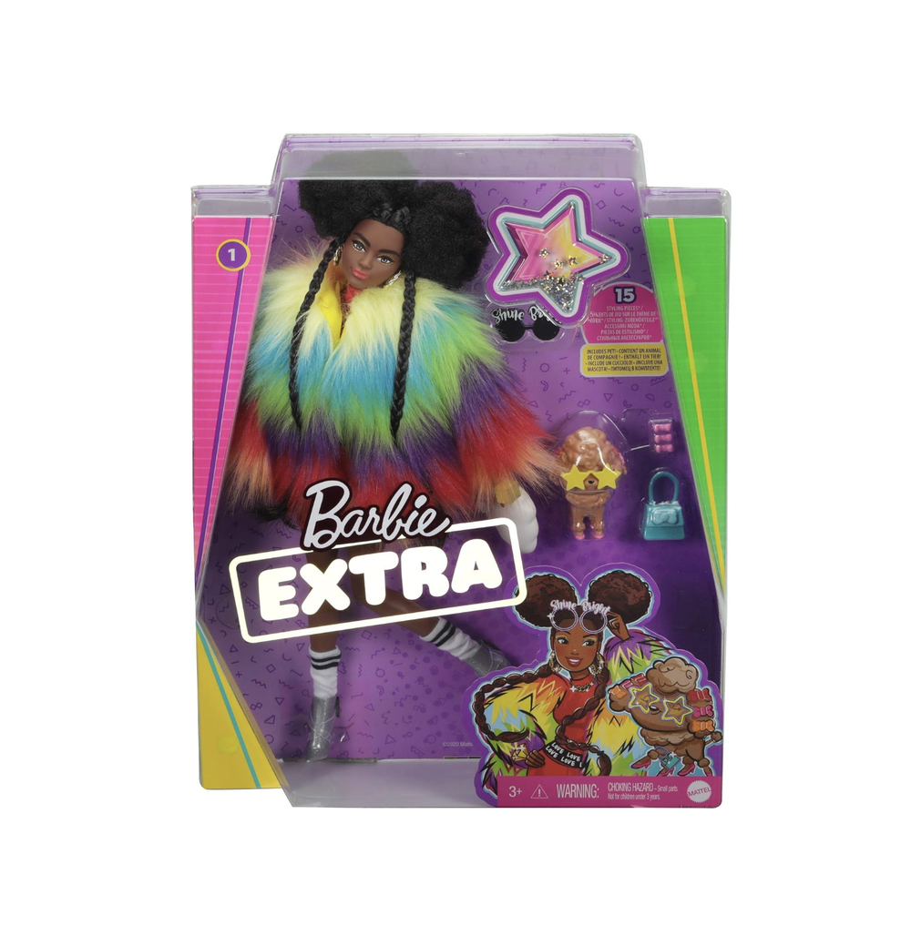 Кукла Barbie Extra и аксессуары с афро-пухами в лохматом радужном пальто и спортивном стиле с домашним пуделем
