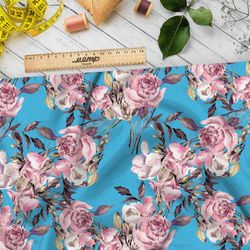 Ткань атлас розовые пионы с листьями