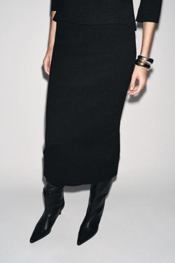 ZARA ТРИКОТАЖНАЯ ЮБКА-МИДИ, ЧЕРНЫЙ