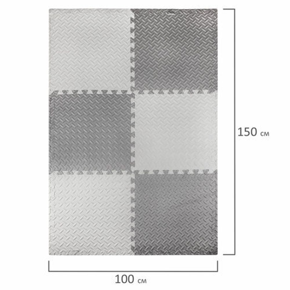 Коврик-пазл напольный 1,5х1 м, 6 шт., 50х50 см, толщина 1 см, серый, светло-серый, ЮНЛАНДИЯ, 664810