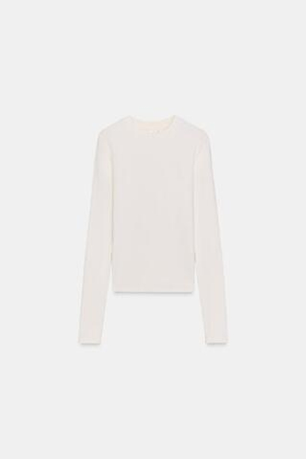 ZARA ФУТБОЛКА С ДЛИННЫМИ РУКАВАМИ И ВЫШИВКОЙ, ЭКРЮ