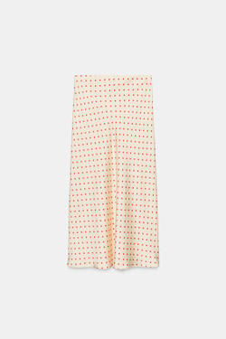 ZARA АТЛАСНАЯ ЮБКА МИДИ В ГОРОШЕК, ЭКРЮ/КРАСНЫЙ