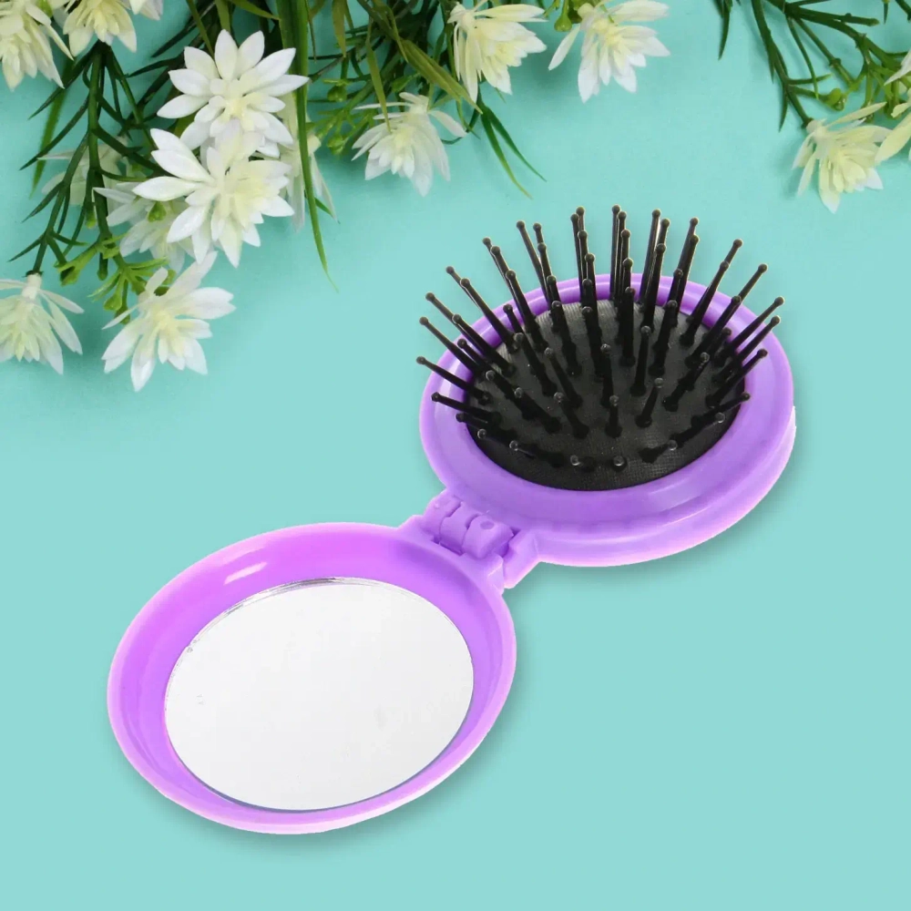 Расческа массажная складная с зеркалом, круглая, матовая, цвет микс, d-6,5см.