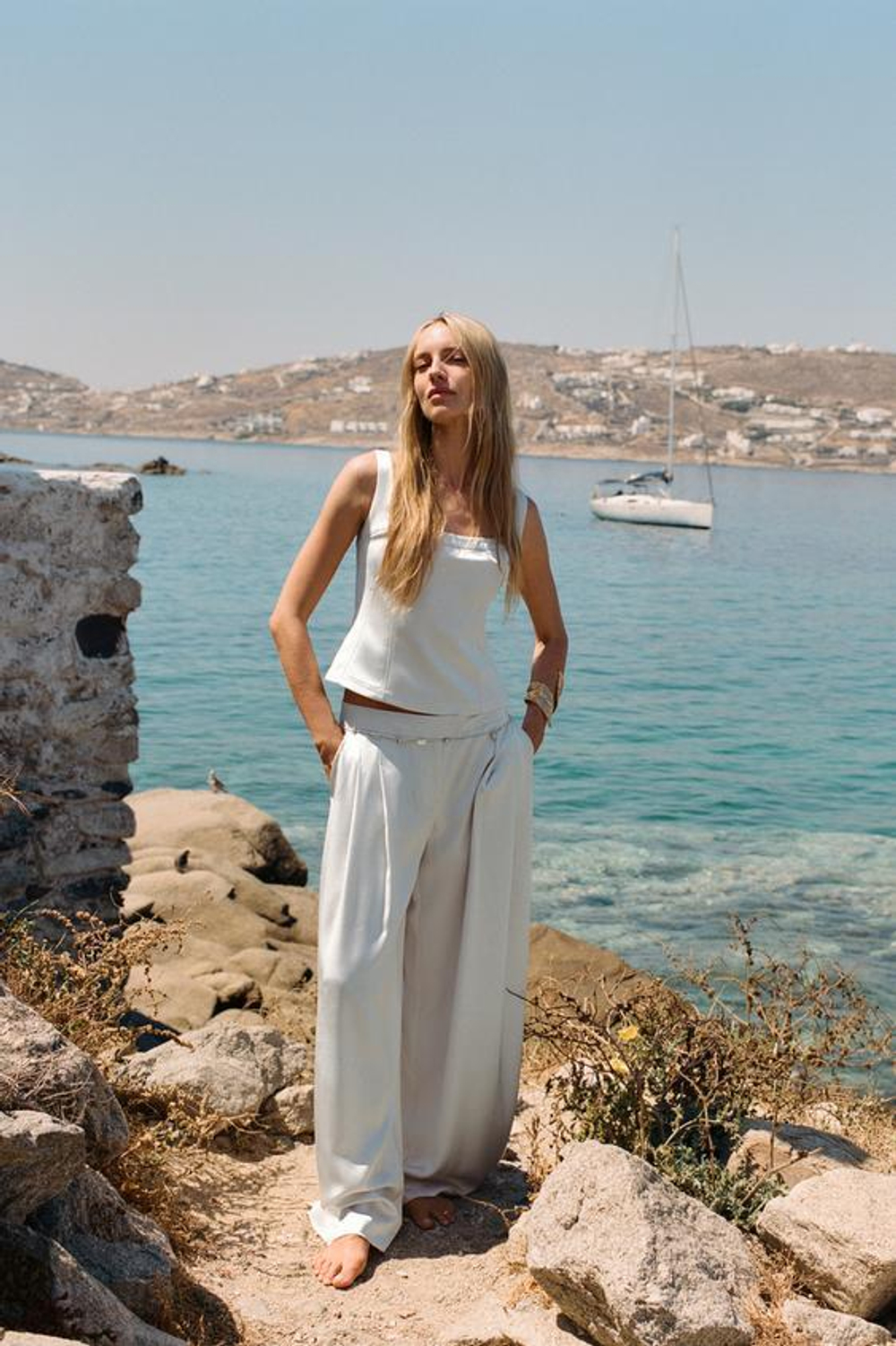 ZARA ШИРОКИЕ БРЮКИ ИЗ АТЛАСА, СЕРЕБРИСТЫЙ