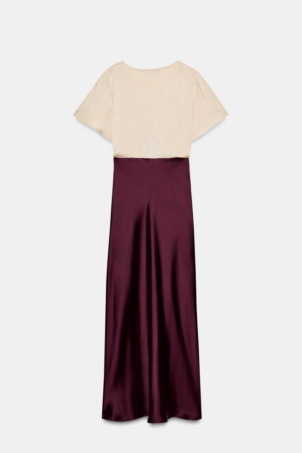 ZARA АТЛАСНОЕ ПЛАТЬЕ МИДИ С КОМБИНИРОВАННЫМ КРУЖЕВОМ, БУРГУНДИ