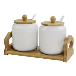 Lenardi 140-120 Набор из 2 банок 350мл для специй с ложками на подставке BAMBOO в под.уп.(х24)Фарфор
