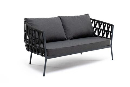 "Диего" диван 2-местный плетеный из роупа, каркас алюминий темно-серый (RAL7024), роуп темно-серый круглый, ткань темно-серая 019