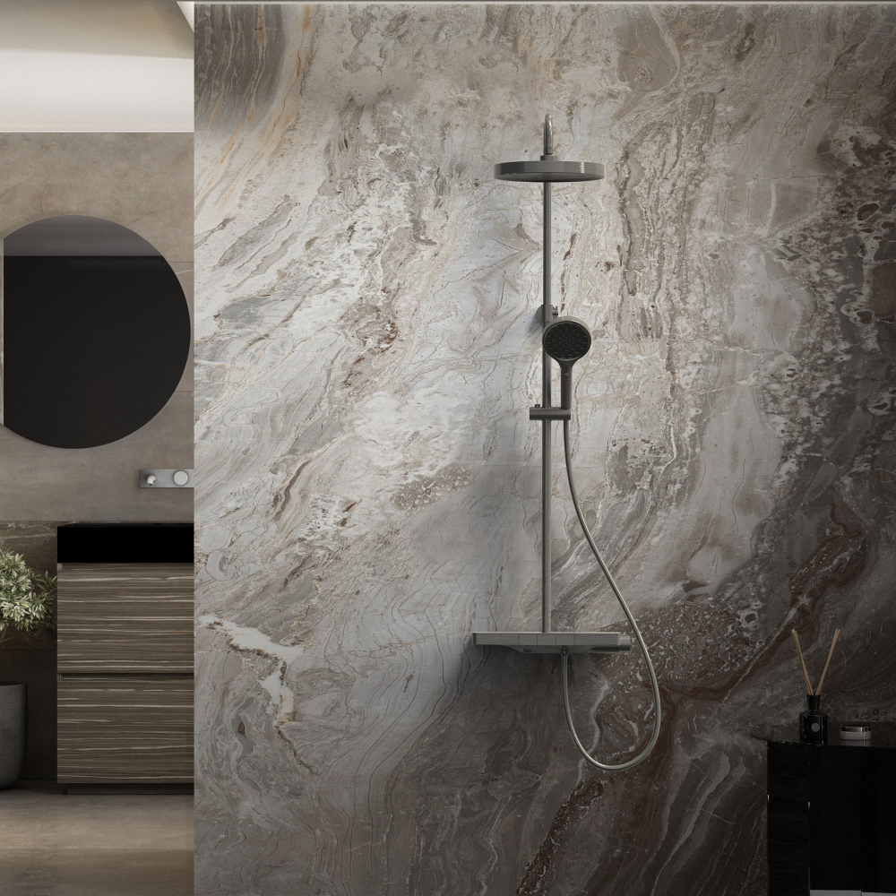 Душевая стойка Vincea Inspire VSFS-3I12TGM термостатическая с изливом, 30см верх.душ, вороненая сталь