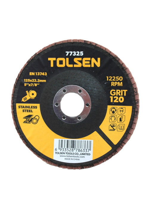 Диск шлифовальный лепестковый TOLSEN оксид циркония 125x22.2мм Р120 77325