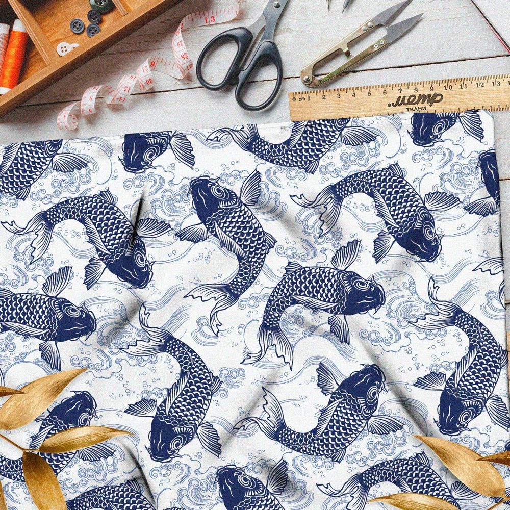 Ткань бязь синие карпы