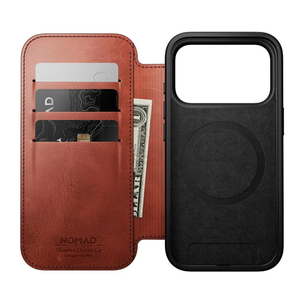 Кожаный чехол-книжка MagSafe Nomad Horween Modern Leather Folio Limited Edition для iPhone 17 Pro Гибридный укреплённый чехол из натуральной кожи Horween с сенсорной накладкой для Контроллера камеры. Есть отделение для купюр и встроенный картхолдер — вмещ