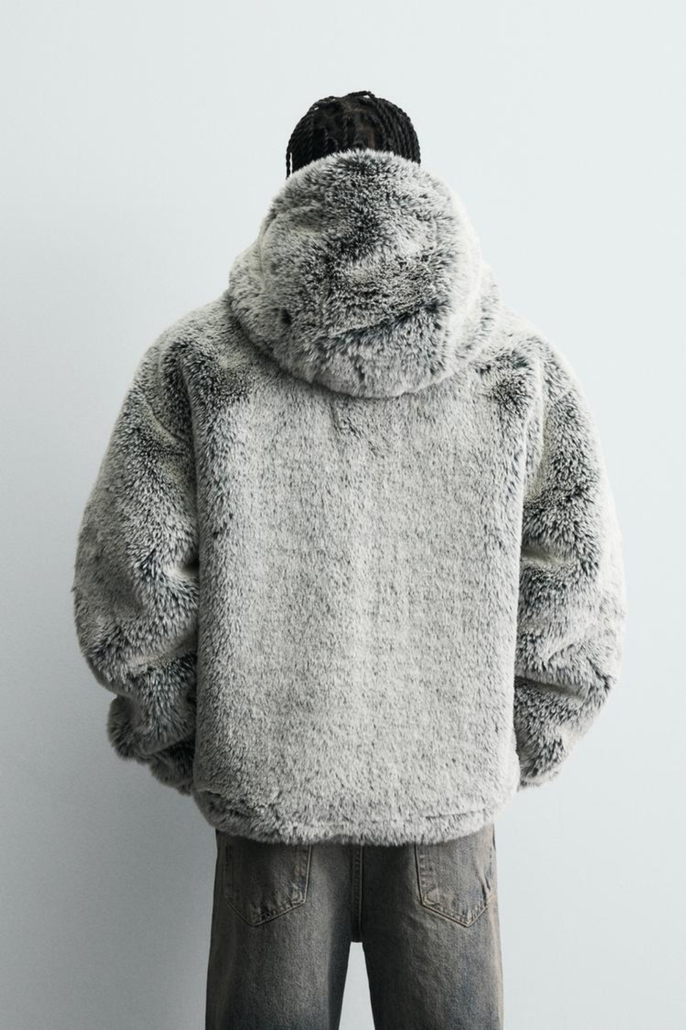 ZARA КУРТКА ИЗ ИСКУССТВЕННОГО МЕХА С КАПЮШОНОМ, ЗЕЛЕНЫЙ/СЕРЫЙ