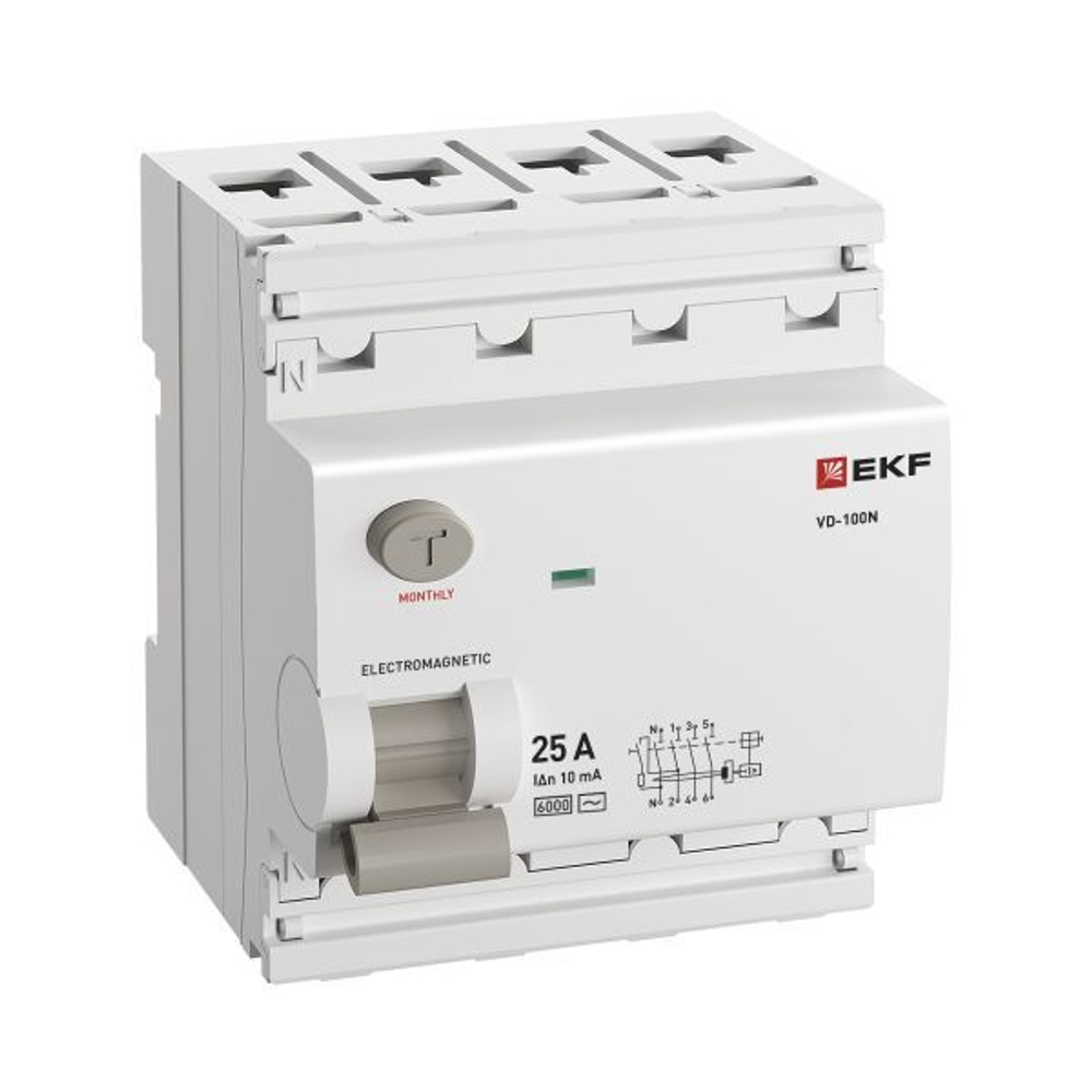 Выключатель дифференциального тока ВД-100N 4P 25А 10мА тип AC эл-мех 6кА PROXIMA EKF