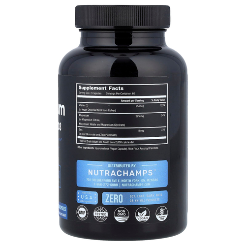 NutraChamps, магний, цинк и витамин D3, 120 веганских капсул