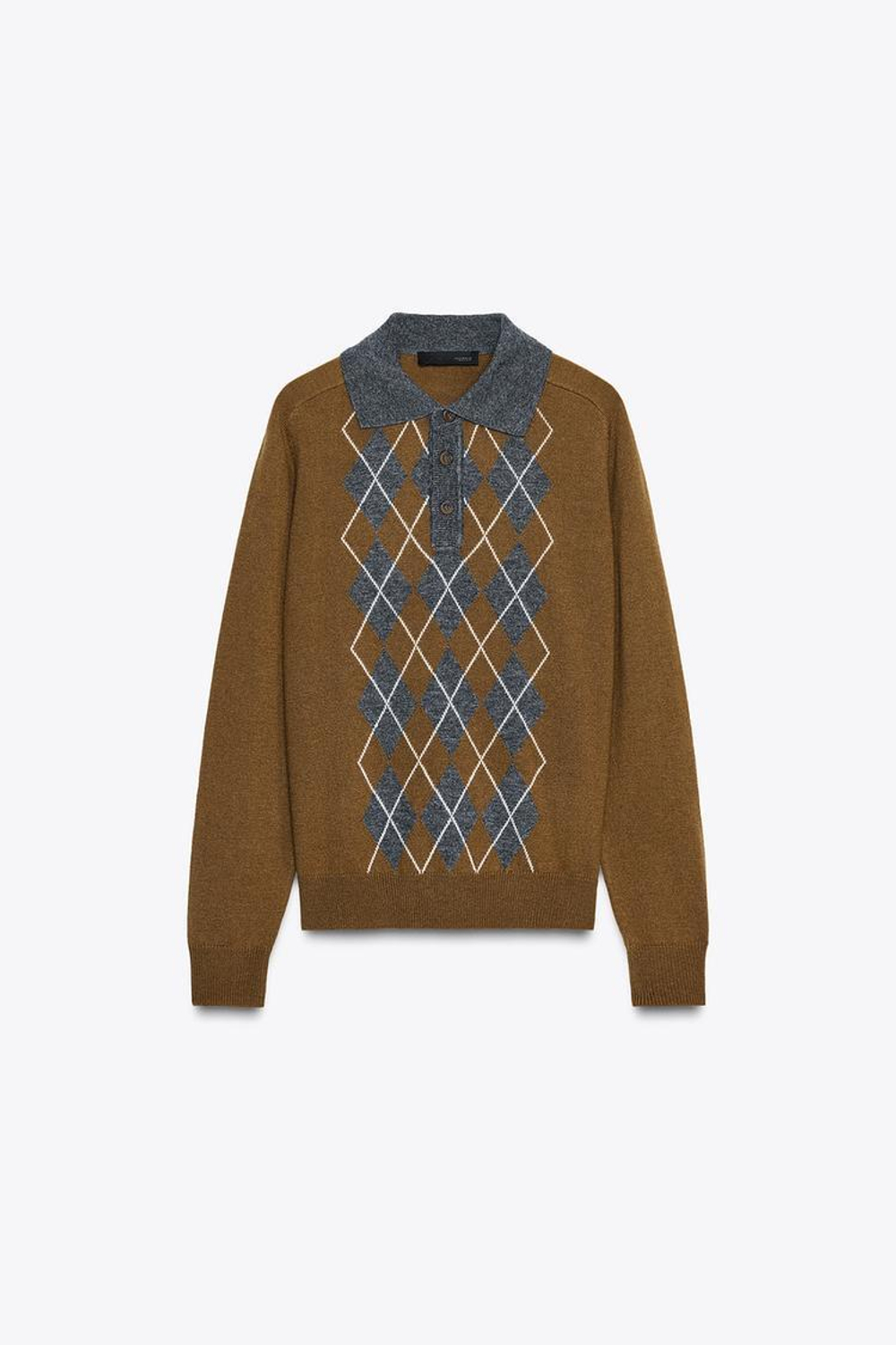 ZARA ТРИКОТАЖНЫЙ СВИТЕР ПОЛО С УЗОРОМ «РОМБЫ», СВЕТЛО-КОРИЧНЕВЫЙ