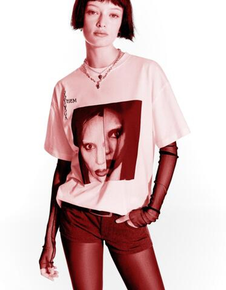 BERSHKA Футболка с принтом Lady Gaga, белый