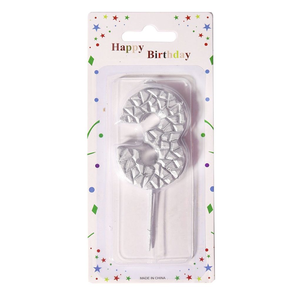 Свеча для торта Alingar, 5-6 см, на пике, "Цифра 3", цвет серебро, блистер с европодвесом